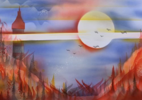 Airbrush Gemälde eines brennenden Waldes. Im Hintergrund die Sonne, deren Strahlen horizontal über dem Brand liegen und ein Turm mitten im Wald.
