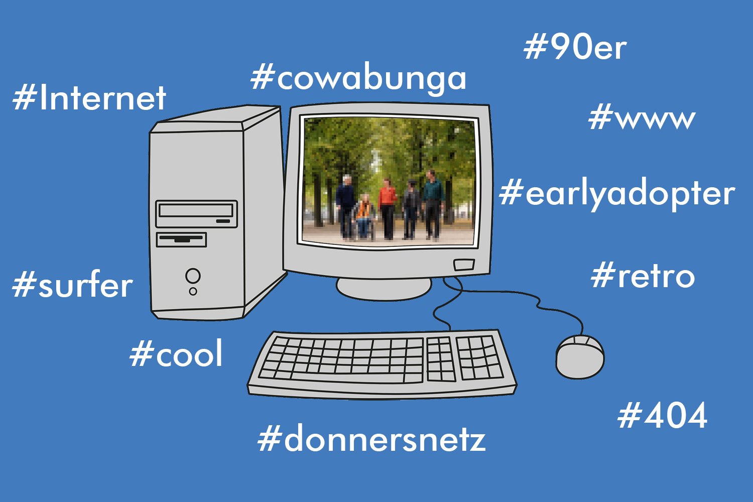 Zu sehen ist ein PC auf blauem Hintergrund. Es zeigt die Webseite der Stiftung. im Netz Daneben Hashtags Internet, Surfer, Cool, 404, Cowabunga, www