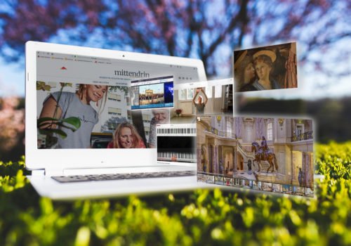 Bildcollage: Ein Laptop auf einer blühenden Wiese, im Hintergrund ein Baum; aus dem Laptopb schweben sechs geöffnete Browserfenster mit Bildern auf den Betrachter zu